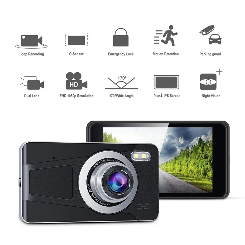 4 дюйма свяжитесь Экран Full HD 1080P Dual Dash Cam вождение автомобиля Регистраторы с резервным Camera170° Широкий формат, g-сенсор, Сенсор, петля Запись