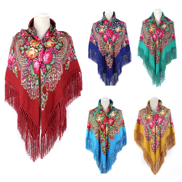  Russia Printed Bandana Cotton Xinjiang Ethnic-Style Travel Shawl Tassels Handkerchief Autumn And Wi