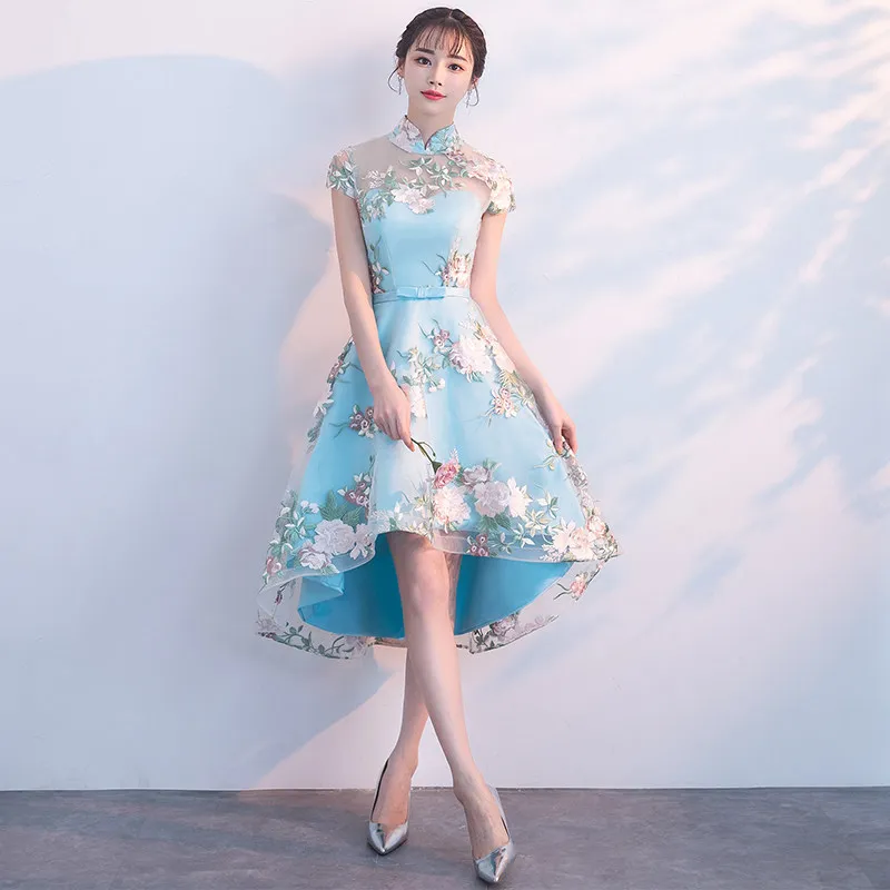 Вышивать традиционное китайское платье Qipao женские вечерние платья Винтаж Cheongsam Для женщин невесты короткие кружевные Cheongsam современный платье для танцев