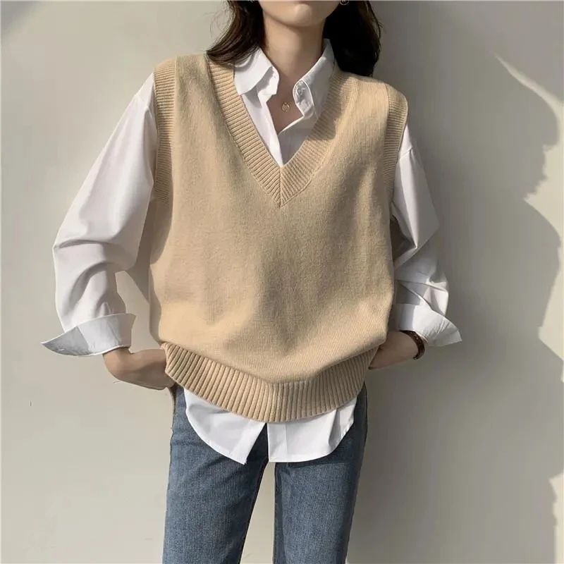 Solid V-neck Sleeveless Sweaters Vest + Shirt Two-piece Suit