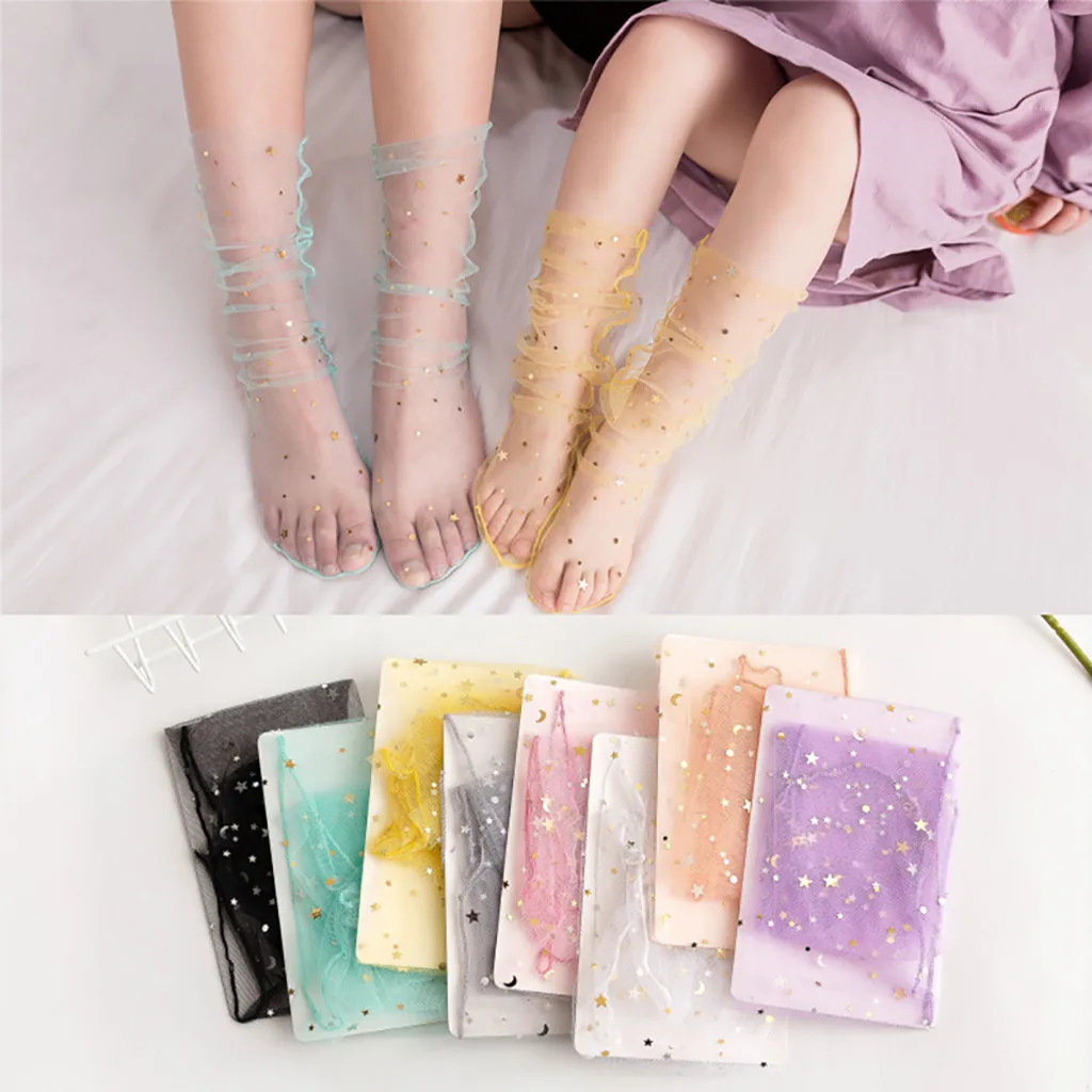 5 Pairs New Fashion Socks Thin-section Of Transparent Mesh Women Socks Harajuku Stars Embellished Perspective Socks#xm3