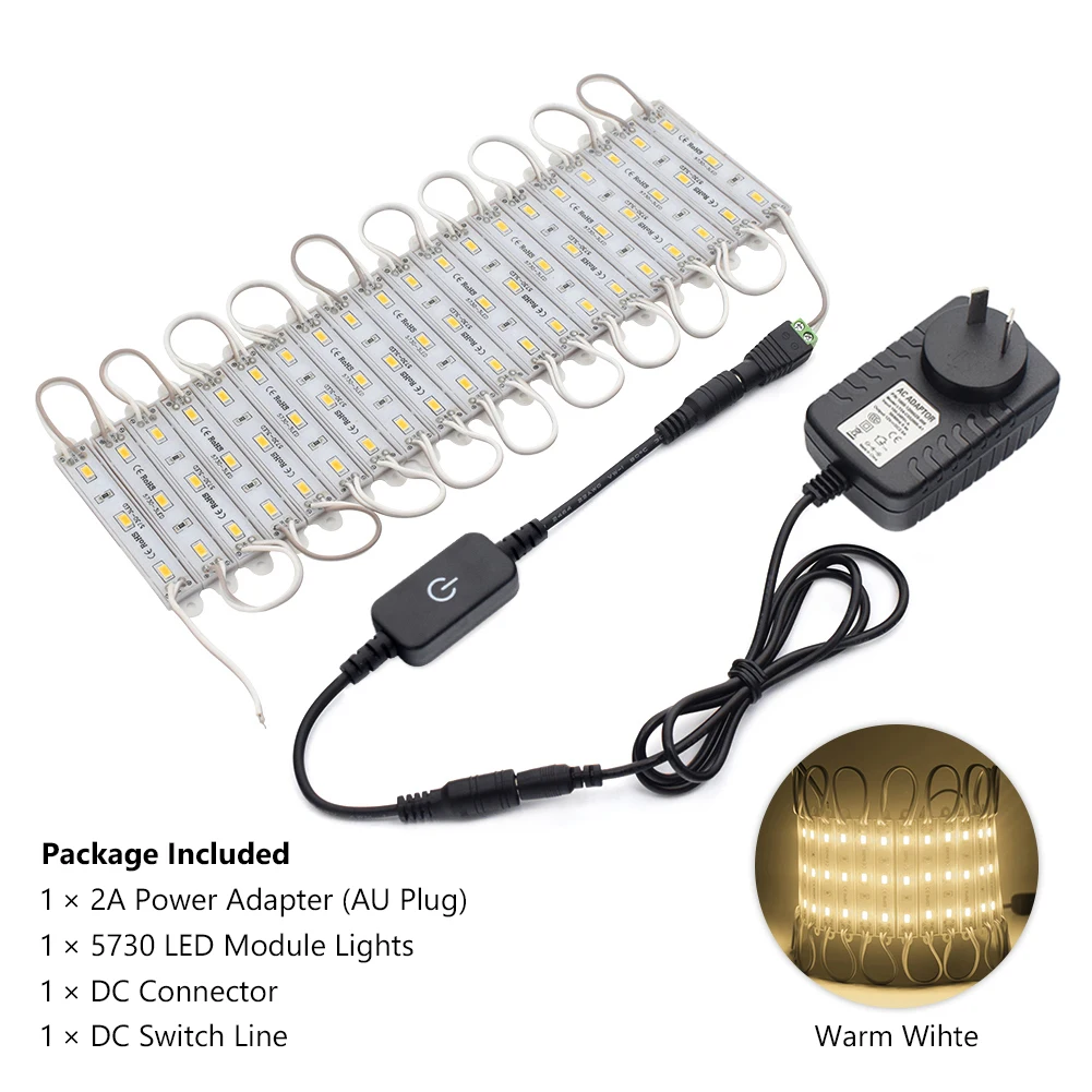 warm white AU Plug RGB светодиодный модуль IP68 водонепроницаемый DC12V полноцветный светодиодный модуль светильник с US/EU/UK/AU источник питания DC Разъем сенсорный переключатель - Цвет: warm white AU Plug