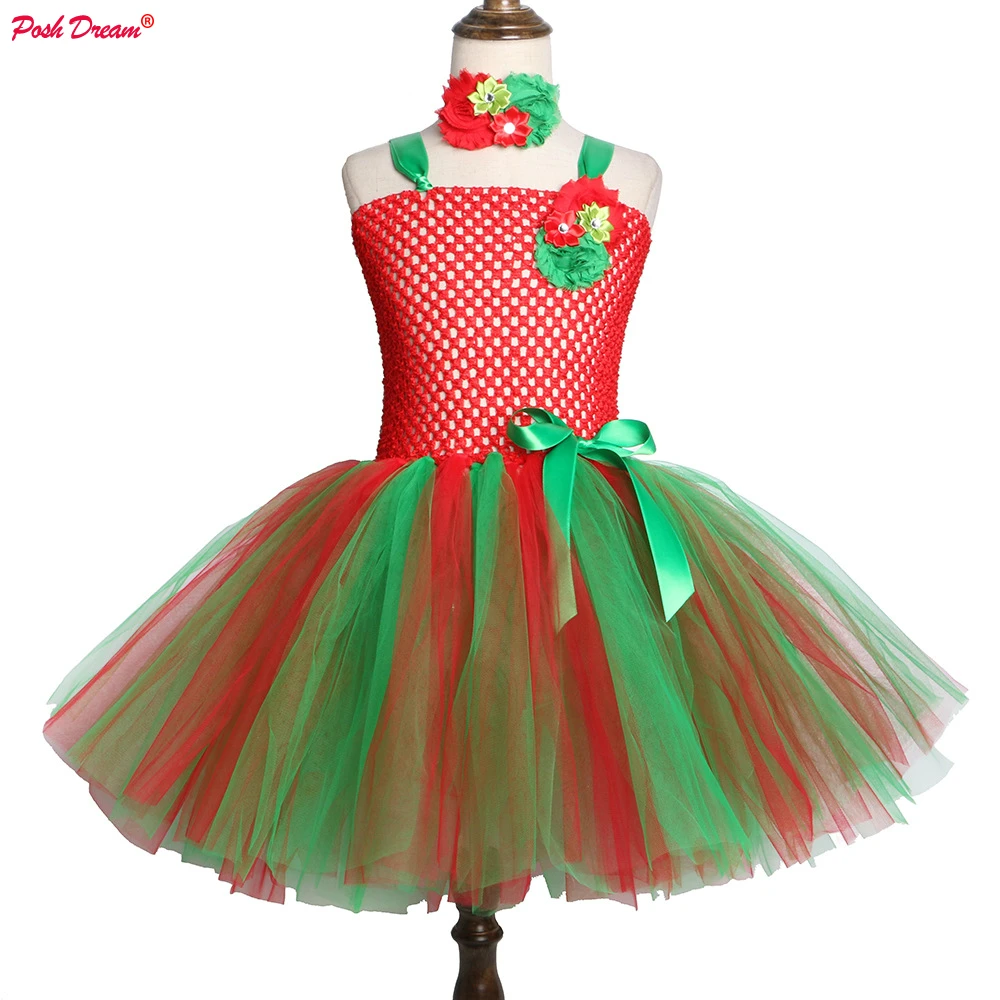 

POSH DREAM Christmas Kids Girls Tutu Dresses for Party Red and Green Flower Christmas Party Clothes for Baby Girls Toddler