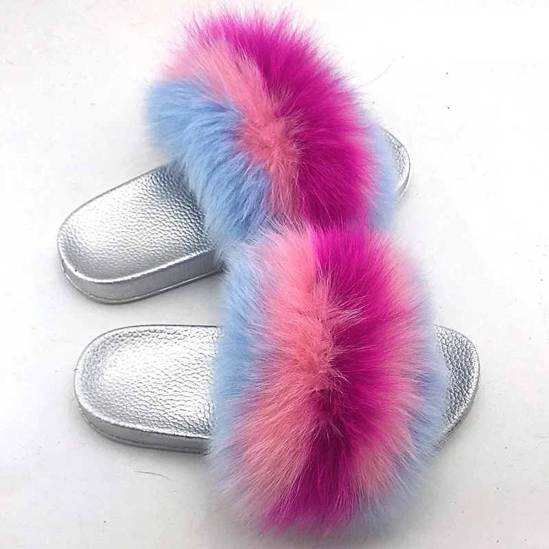 

Women Summer Real Fox Fur Slippers Fashion Furry Slippers Brand Slippers Sweet Plush Slippers Fox Fur Slides Ladies Party Shoes