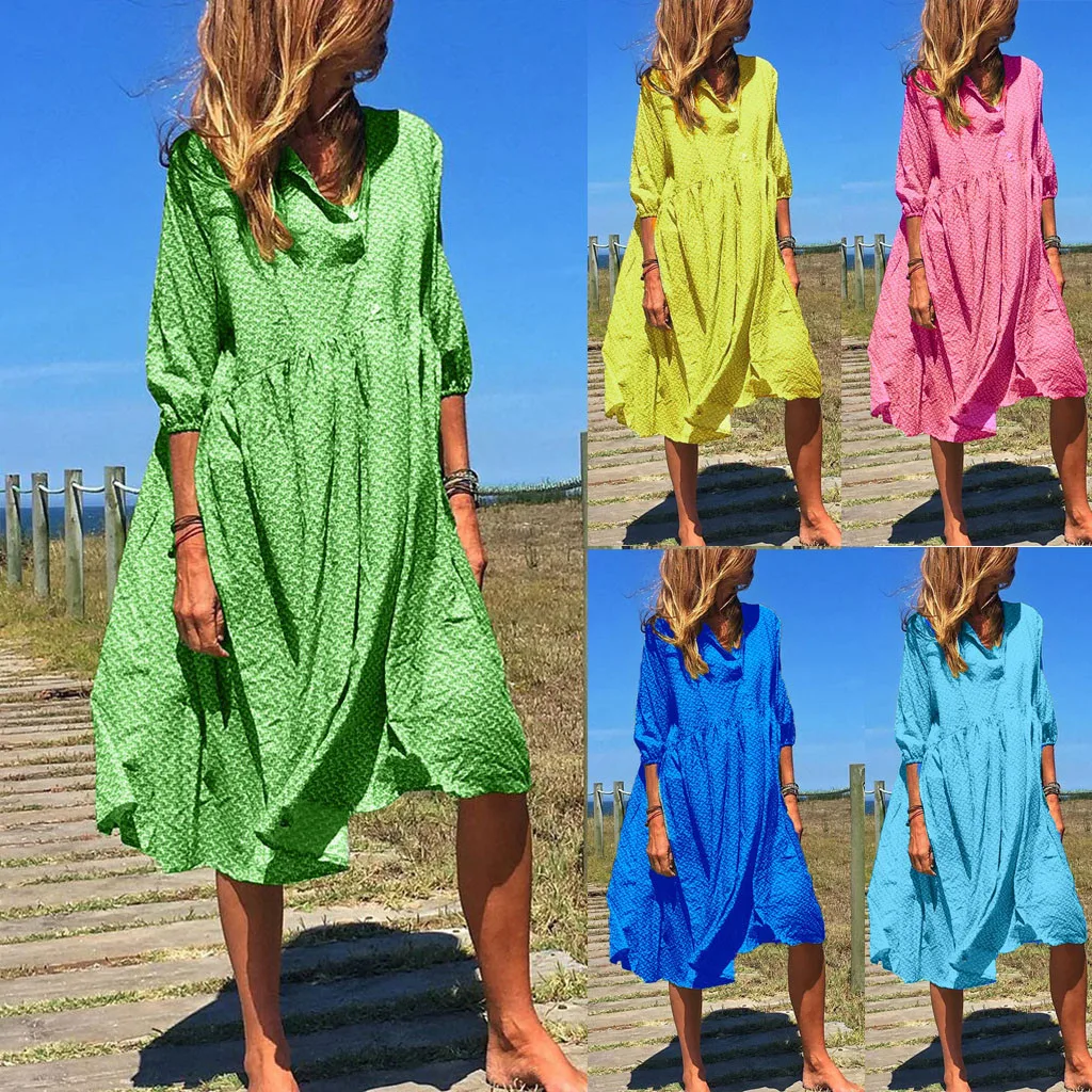 

2019 hot Fashion Women Buttons Collar Lantern Sleeve Geometric Print Loose Midi Dress Dropshipping Discount Free Shipping