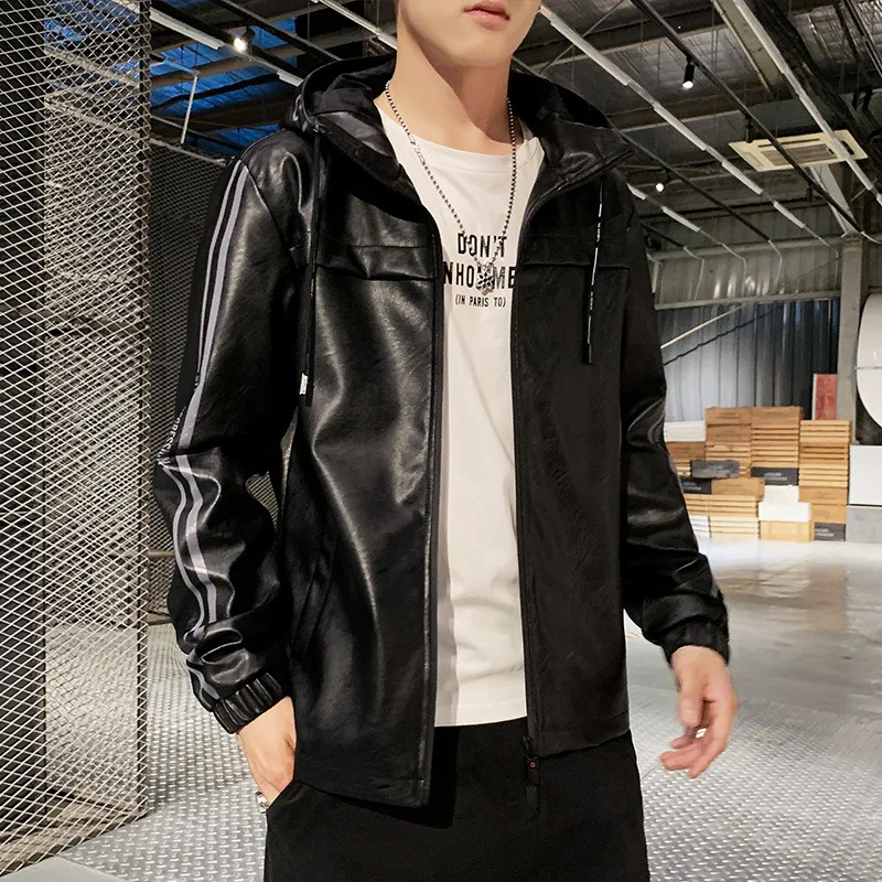 

Large Size Hooded PU Leather Jacket Versatile Slim Fit Men's Jackets Coat Spring And Autumn Casual Leather Coat Baseball Uniform