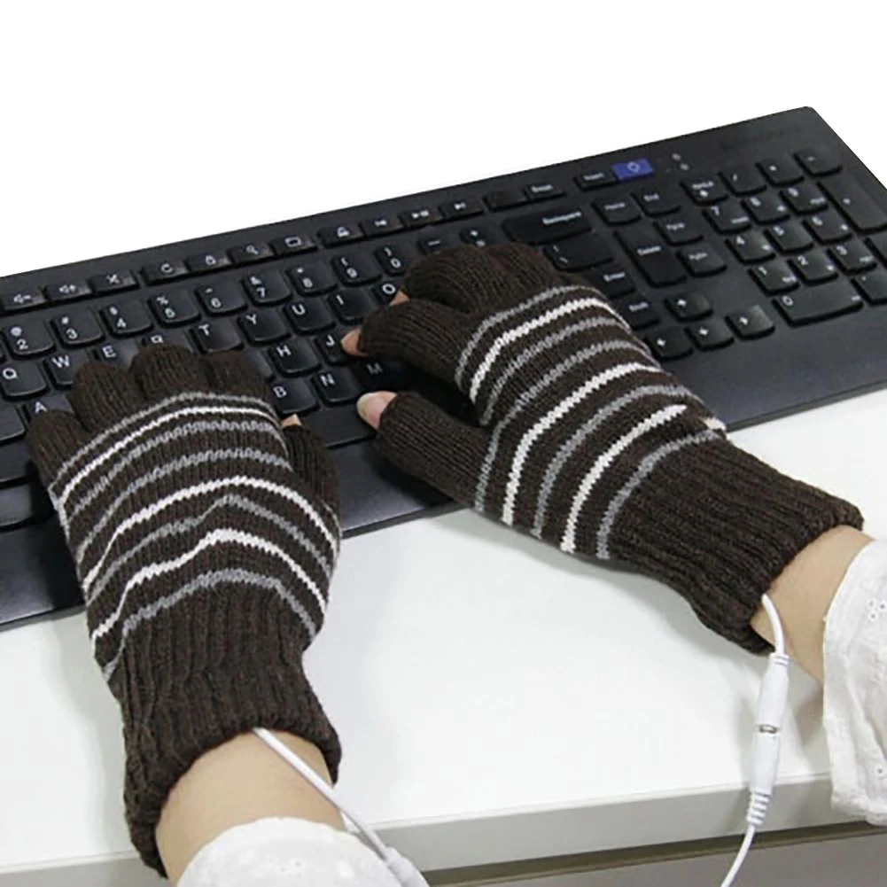 Stripe Winter USB Electric Heating Soft Warm Unisex Half Finger Knitted Gloves
