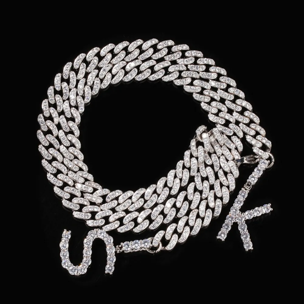 На заказ 2 буквы кубинская цепочка Подвески ожерелье AAA CZ камень Bling Iced Out для мужчин хип хоп рэппер ювелирные изделия серебряный цвет Прямая
