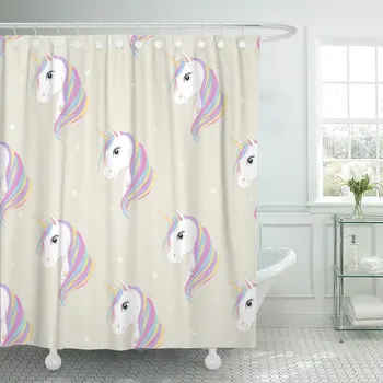 

Unicorn Pegasus Pony Head and Stars Rainbow Mane Horn Shower Curtain Waterproof Polyester Fabric 60 x 72 inches Set with Hooks