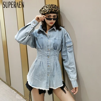 

SuperAen 2020 Spring New Denim Shirts Women Fashion Wild Casual Ladies Blouses and Tops Pocket Long Sleeve Women Clothing