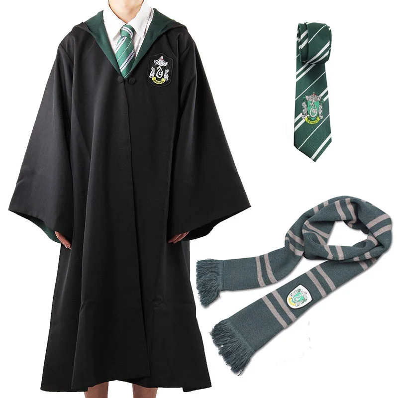 Поттер халат накидка плащ с галстуком шарф палочка очки Ravenclaw Гриффиндор Hufflepuff Слизерин Халат косплей подарок на Хэллоуин - Цвет: Slytherin tie scarf