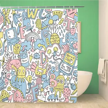 

Bathroom Shower Curtain Detailed Cartoon Doodle Pattern Different Letters Monsters Strange Creatures 66x72 inches Waterproof