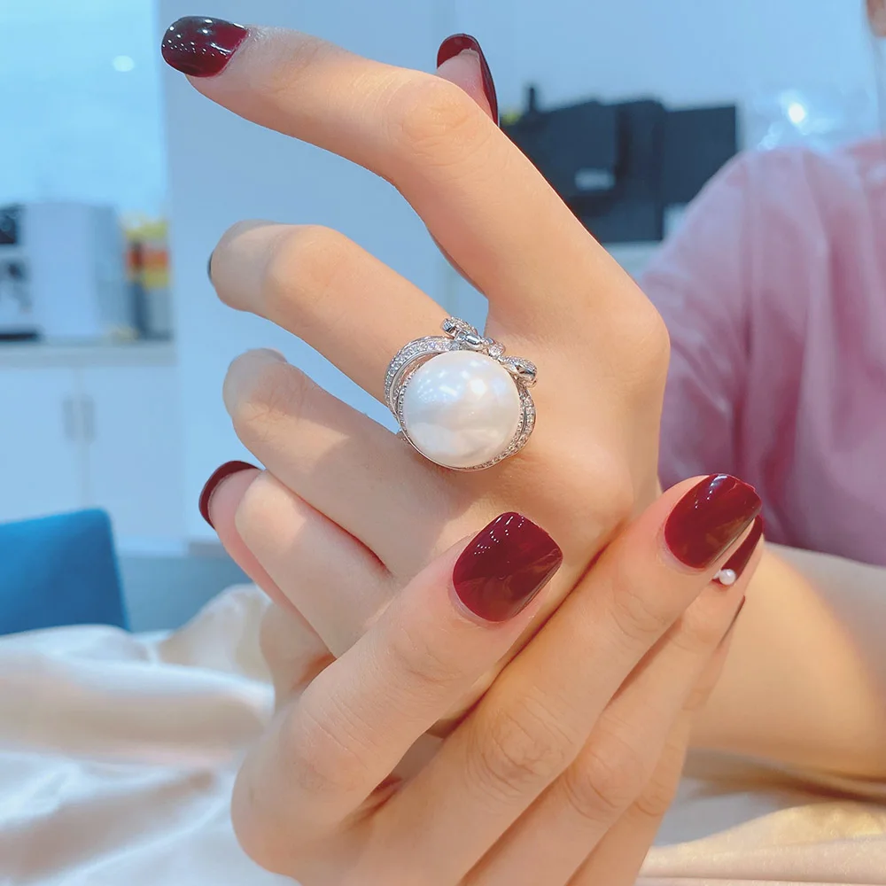 925 Sterling Silver Luxury Pearl Ring 16 MM Shell Pearl Very Beautiful Party Jewelry Fashion Gift