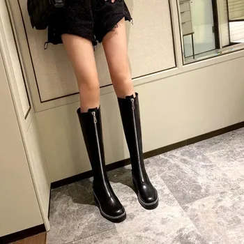 

Thigh High Boots Flat Front Zipper Chain Side Black Genuine Leather Round Toe Womens Designer Shoes 2020 Brand Zapatos De Mujer