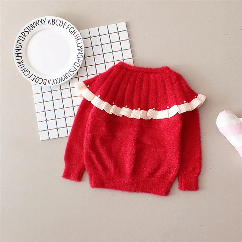 Kids Sweater Girls Cardigan Pearl Woolen Autumn Baby Girls Sweaters Ruffle Collar Toddler Cardigan Knitted Girls Sweater Coat