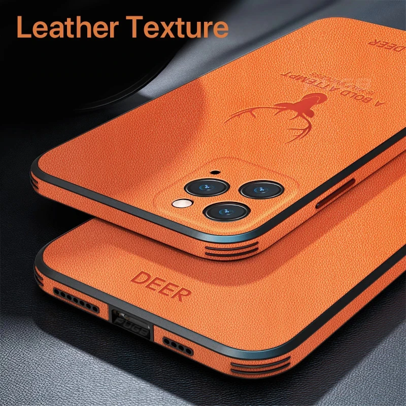 Luxury Leather Texture Square Frame Case For iPhone 11 12 13 Pro Max Mini X XR XS Deer Camera Protection Shockproof Phone Cover