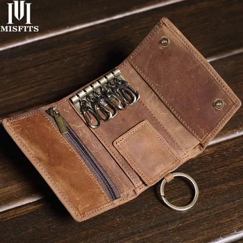 

MISFITS Men Genuine Leather Key Wallet Male Vintage Coin Purse Unisex Solid Key Men Key Holder Organizer Housekeeper Keys Bag