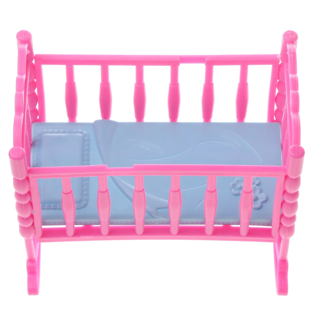 2 Pieces 1/6 Scale Pink Baby Cradle Bed + Stroller Model Dollhouse Miniature Furniture for Blythe Dolls Accessory Kids Playset