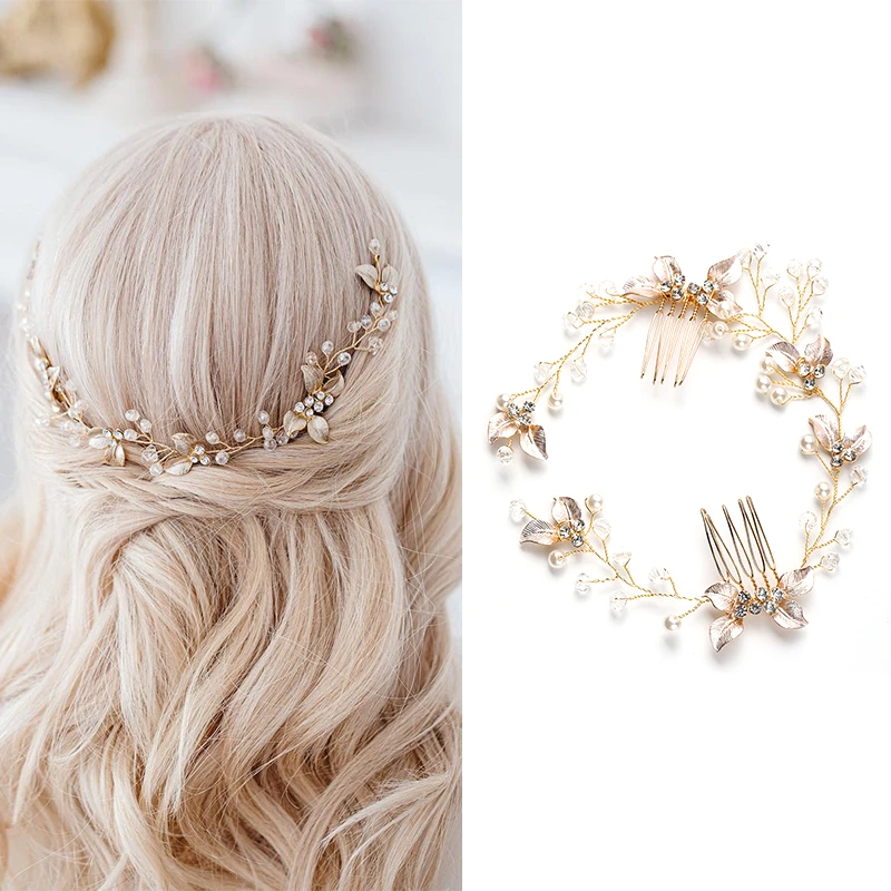 Pearl Leaf Comb Headband Hair Accessories For Women Tiara Headband