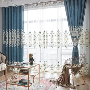 

European Curtains for Living Dining Room Bedroom Chenille Fabric Stripe Embroidery Curtain Tulle Finished Product Customization
