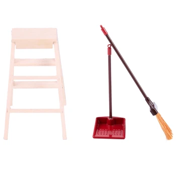 

1:12 Dollhouse Miniature Furniture Wooden Ladder & 1:12 Toy Red Metal Long Handles Broom and Dust Pan Set