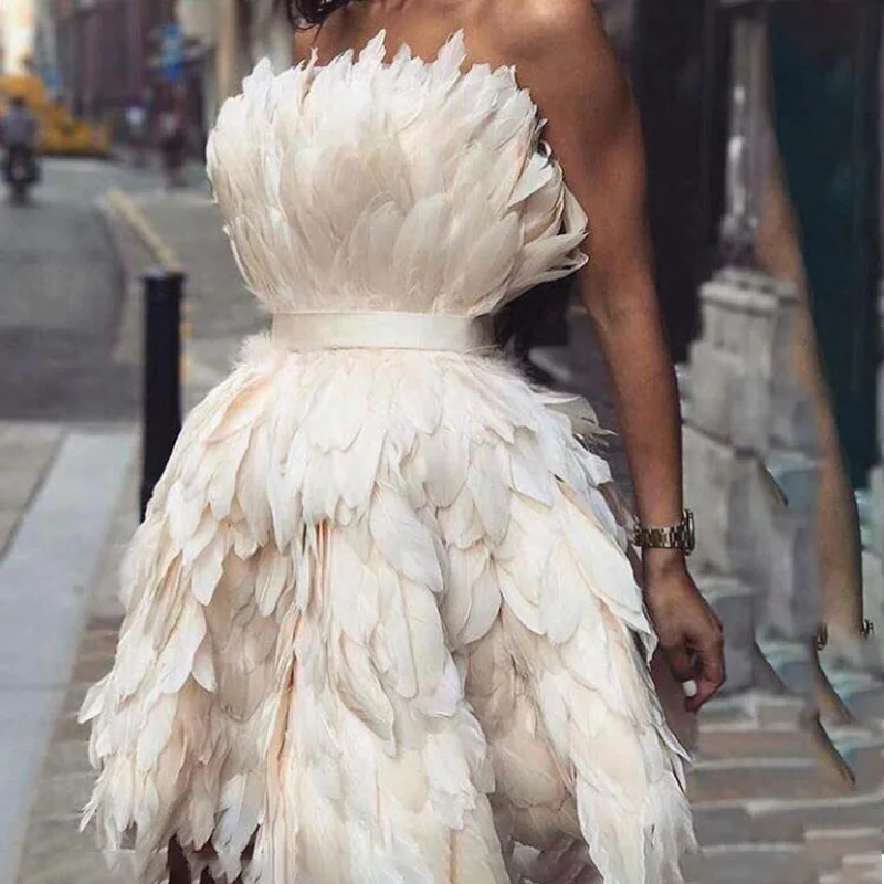 

kardashian Sexy Strapless Off the Shoulder Sleeveless Feather Mini Length Short Prom Dresses Party Gown