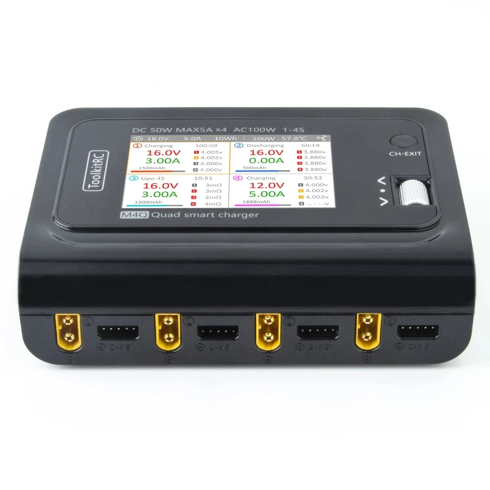 ToolkitRC M4Q 4x50w 5A 1-4S AC 100W 4 Ports XT60 XT30 DC Smart Charger 32 Bit ARM IPS Bright Clear Wide Angle Display for RC FPV