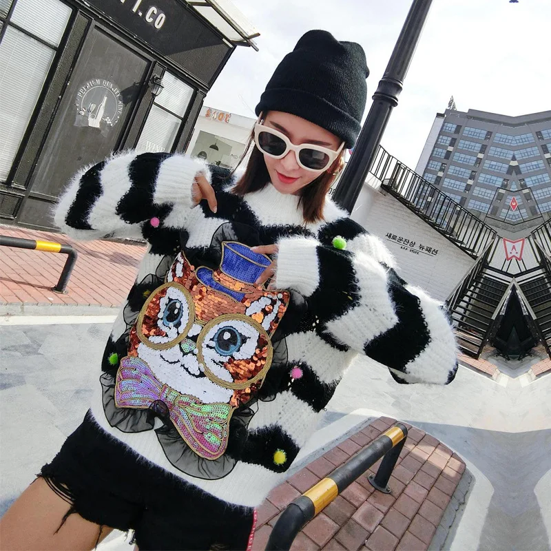 Осенне-зимний женский свитер 2019 осенний Новый тонкий с пайетками в черно-белую