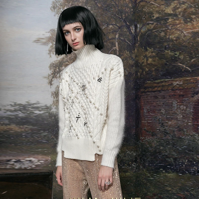 ^*Best Offers Luxury Designer Brand Knitted Pullovers for Women Causel Turtleneck Pearl Beading Diamante Loose Wool Knitted Sweater