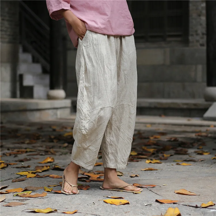 NINI WONDERLAND весенние штаны для женщин винтажные повседневные свободные льняные брюки осенние штаны-шаровары с эластичной талией женские брюки