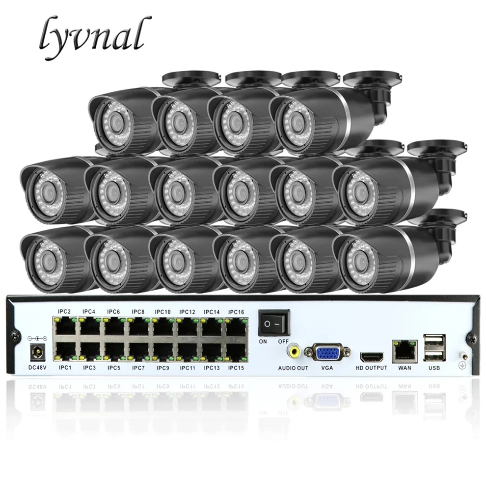 Черный LYVNAL 720p ip-камера poe 48 в h.264 16ch камеры видеонаблюдения системы наблюдения poe Комплект p2p onvif 16ch poe nvr 4k 5mp 1080p hdmi видео - Цвет: Черный