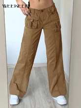 Weekeep Vintage Baggy Low Waist Women Pants Casual Metal Buckle Belt Pocket Patchwork Straight Cargo Jeans Harajuku Femme Street
