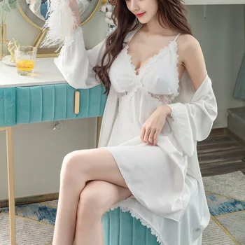 

Beautiful Back Hollow Strap Nightdress Nightgown Two-Piece Set Spring And Summer Women'S Sense Of Ice Silk Nightdress בגדים לנשי