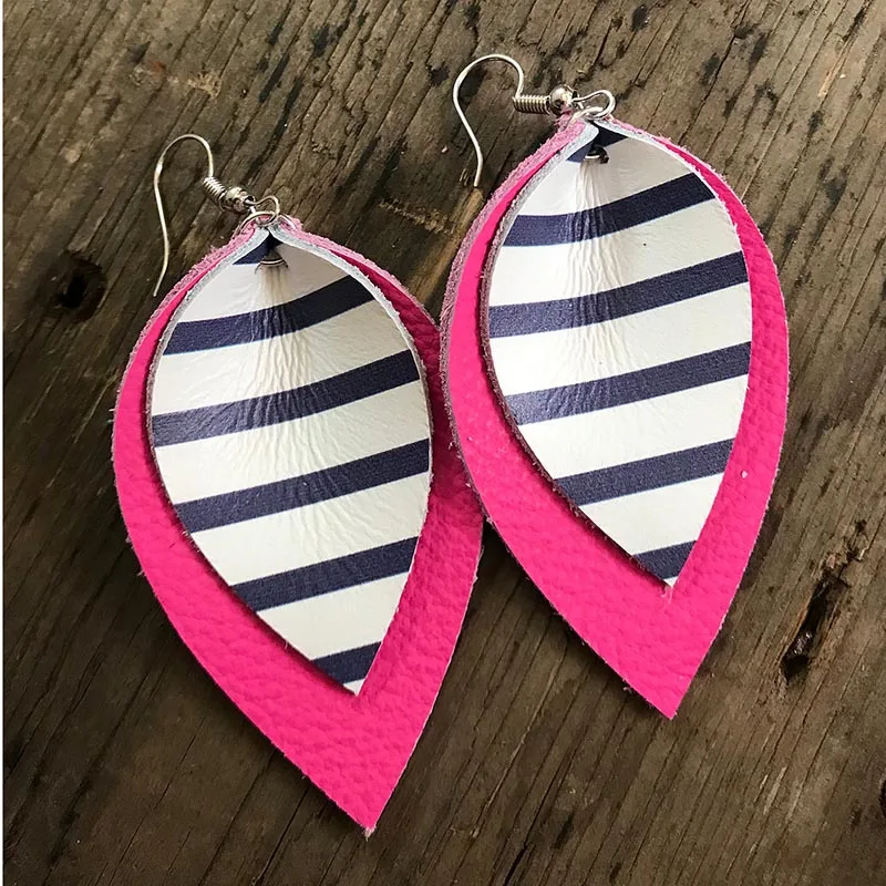 Pink02 Новые двухслойные блестящие цветные полосатые каплеобразные серьги бело-голубые полосы большие серьги в форме листа женские подарки для девочек - Окраска металла: Pink02