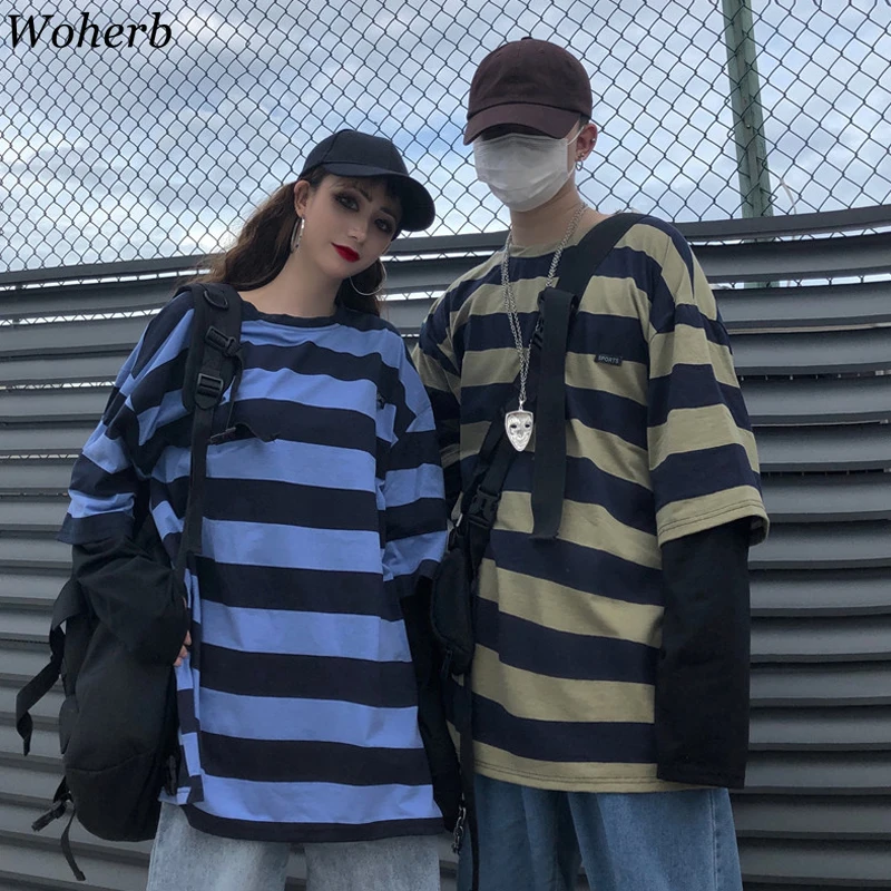 Woherb Harajuku футболка для женщин и мужчин в полоску Топы пэчворк Поддельные 2 шт. свободная футболка с длинным рукавом корейская модная футболка уличная одежда