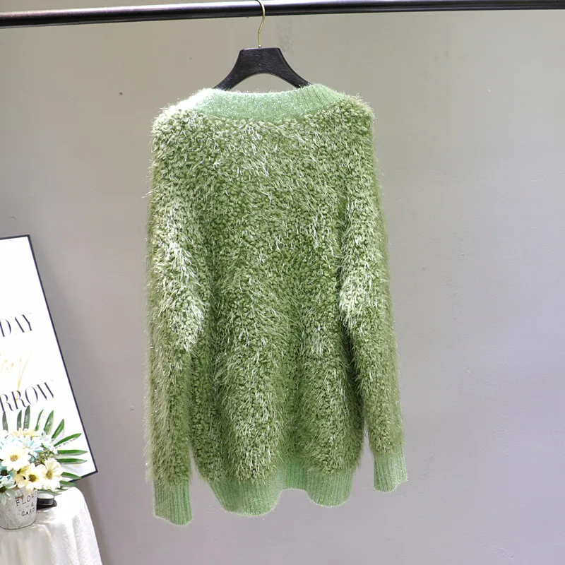 light green flower 3D embroidery oversized sweater v neck pullover tops knitted spring 2020 sueter mujer maglioni donna