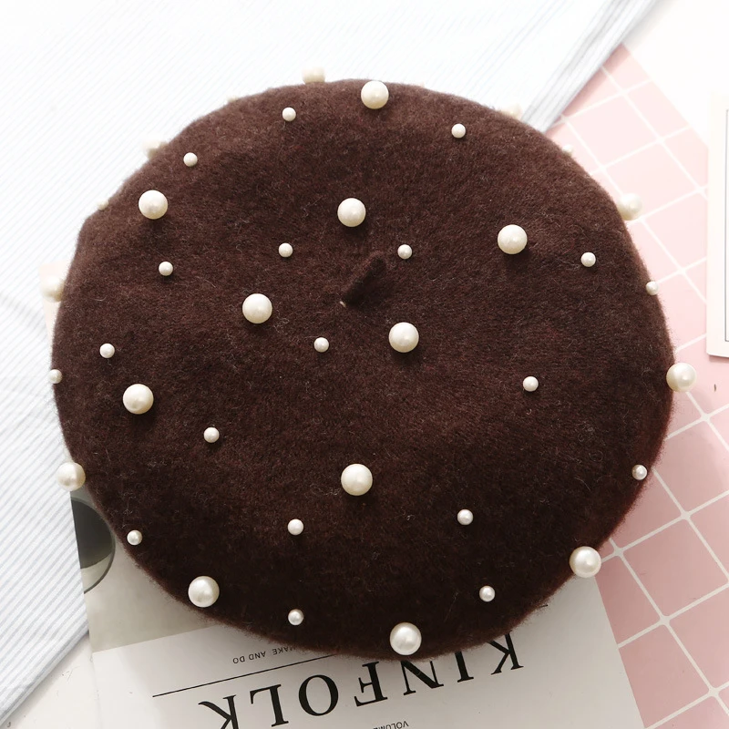 brown beret Шапка Винтажный перламутровый берет, Шапка-бини, Женская шерстяная теплая Повседневная зимняя шапка, берет Femme, шапки, шапки s - Цвет: brown beret