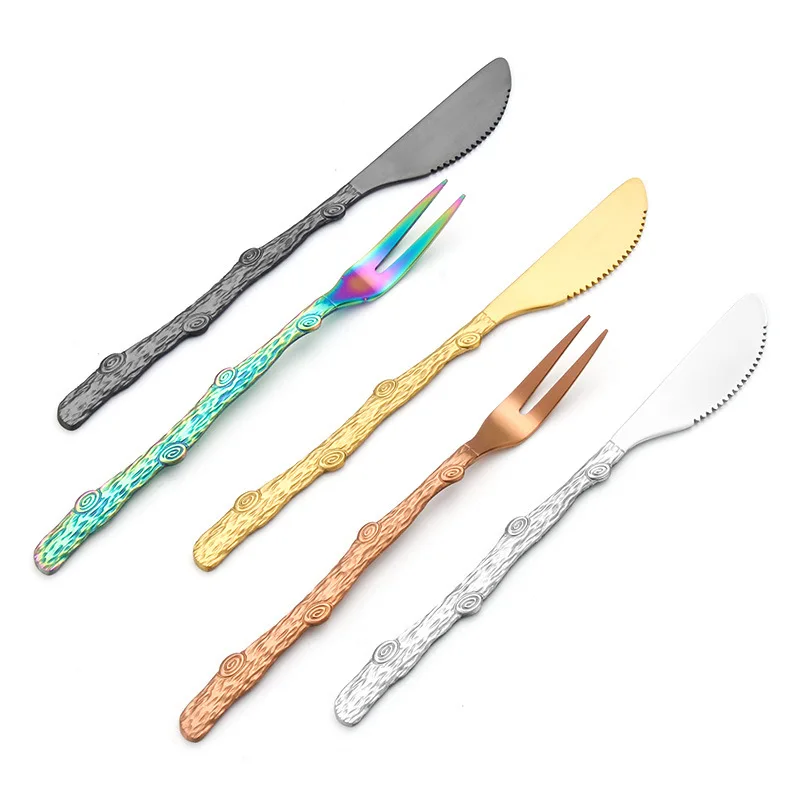 

Fruit Fork Knife Trunk Stem Unique Shape Dessert Pastry Cake Knife Afternoon Tea Restaurant Cafe Tool Metal 304 Stainless Steel