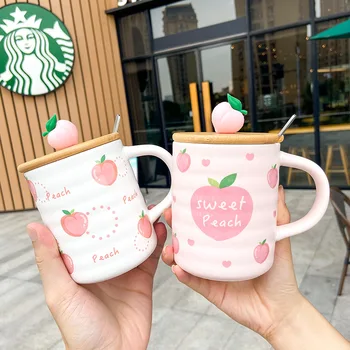 

400ML Durable Creative Personality Trend Cute Water Cup Peach Coffee Ceramic Cup with Lid Spoon Girl Home Simple Mug
