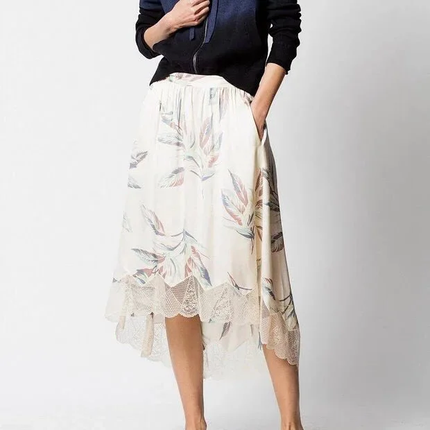 

Elfbop High Quality Ladies Viscose Elastic Waist Lace Patchwork Print Asymmetric Midi Skirt