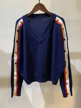 

Women Sweater Studded V-neck Pullover Long-sleeved Knitted Sweater