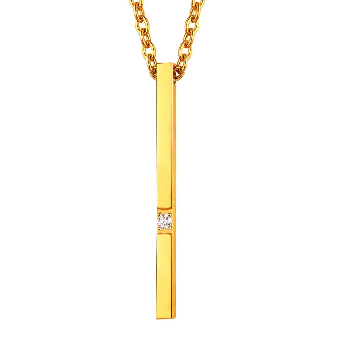 U7 Women Girls Gold Color Stainless Steel Rolo Chain Cubic Zirconia Thin Vertical Bar Necklace Pendant Customized with Text