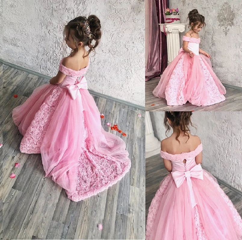 Pink Tulle Flower Girl Dress For Wedding Puffy Kids Pageant Gowns Off The Shoulder Backless Custom Made Vestidos Long Train Bow