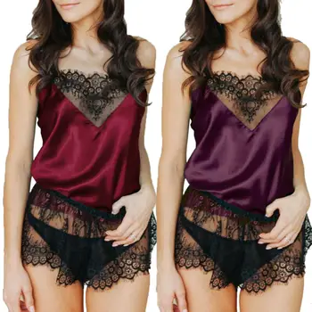 

UK Women Sexy Silky Satin Lace Lingerie Babydoll Underwear Nightwear 2 pcs Set
