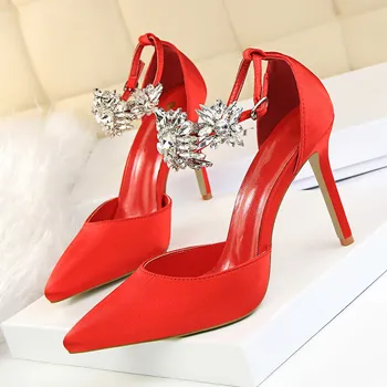 

Elegant Pink Pointed Toe Women's Stiletto High Heels Shoes Satin Shallow Pointed Diamond Sandals Ladies Dress Shoes DS-C0095