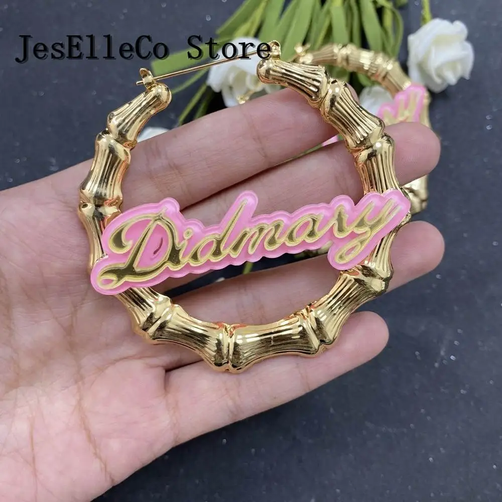 Женские серьги кольца с бамбуковыми вставками круглые надписью подарок для