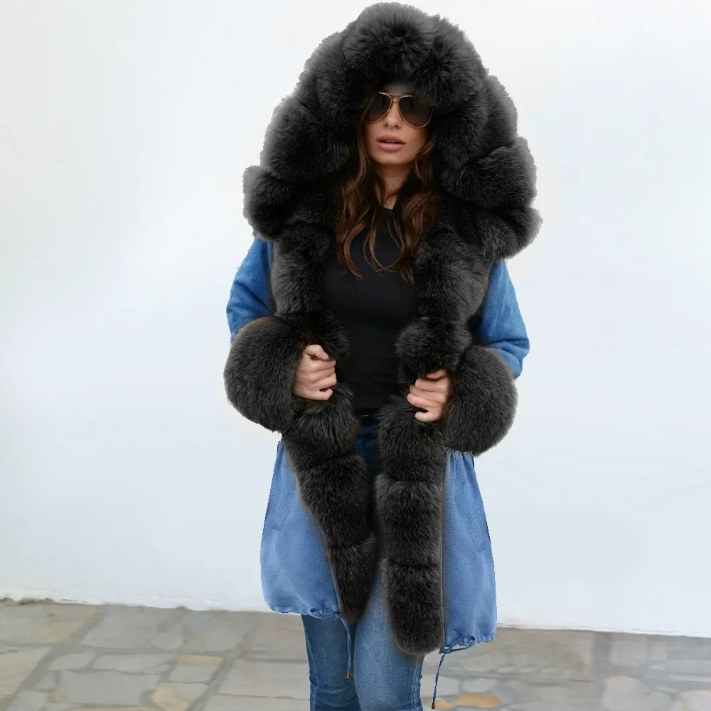 

Ladies Warm Fluffy Thermal Long Jacket Long Hooded Winter Faux Fur Coat Blue Overcoat Thick Large Size Top Coat Girl Long Parka