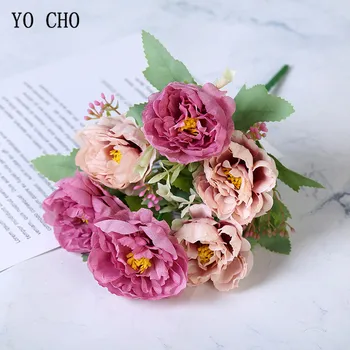 YO CHO 6 Heads Pink Silk Peony Artificial Flowers Fake Peony Flower Bride Bouquet Home Wedding Decor Scrapbooking Fabric Floral