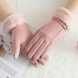 Women Winter Pompon Gloves Thermo Warm Female Suede Fabric Windproof Touch Screen Cute Buckle Mitten Christmas Gifts Girls N915