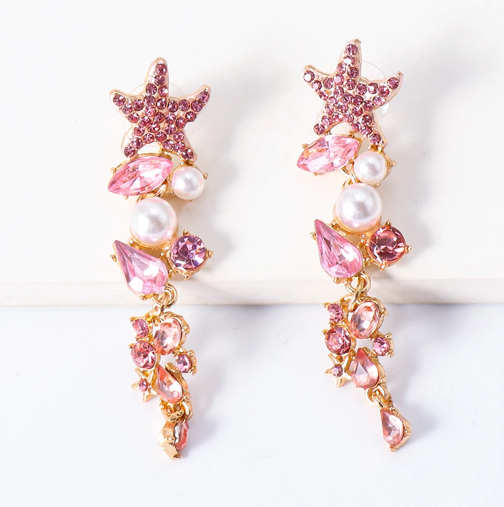 Starfish Earrings Summer Crystal Dangle Drop For Women Sandy beach Pearl Zircon